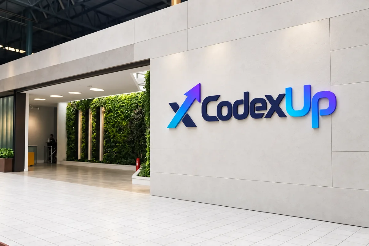 Escritório da CodexUp com o logo na parede